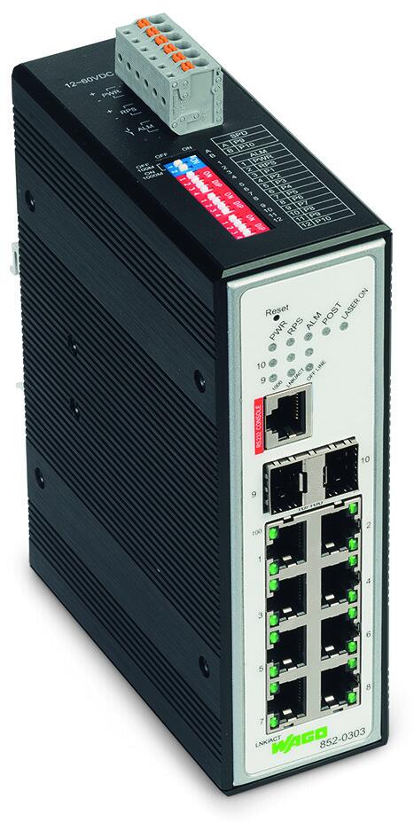 Industrial-Managed-Switch; 8 Ports 100Base-TX; 2-Slot 1000BASE-SX/LX; metallisch schwarz