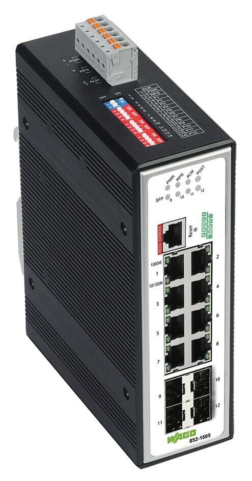 Industrial-Managed-Switch; 8 Ports 1000Base-T; 4-Slot 1000BASE-SX/LX; PROFINET; Erweiterter Temperaturbereich; metallisch schwarz