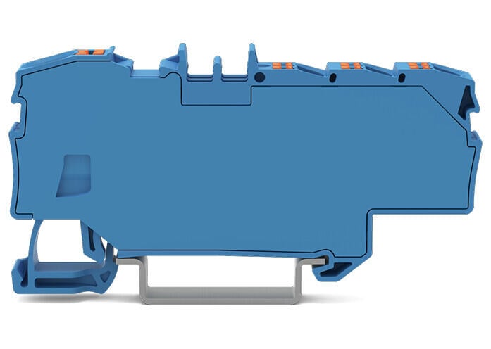 Distribution terminal block; with push-button; 1 x 6 mm² / 6 x 1.5 mm²; with integrated end plate; for Ex e II and Ex i applications; side and center marking; for DIN-rail 35 x 15 and 35 x 7.5; Push-in CAGE CLAMP®; 6,00 mm²; blue