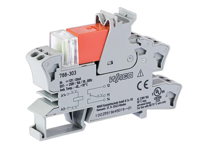 Relay module; Nominal input voltage: 12 VDC; 1 changeover contact; Limiting continuous current: 16 A; Red status indicator; Module width: 15 mm; 2,50 mm²; gray