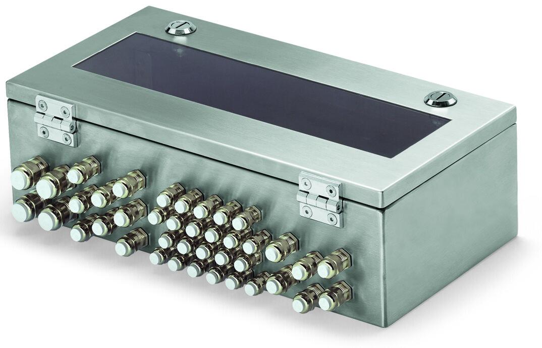 IP65-Systemgehäuse; Edelstahl; BxHxT (600x123x200 mm); 4 x M20-, 19 x M16-, 67 x M12-Verschraubung