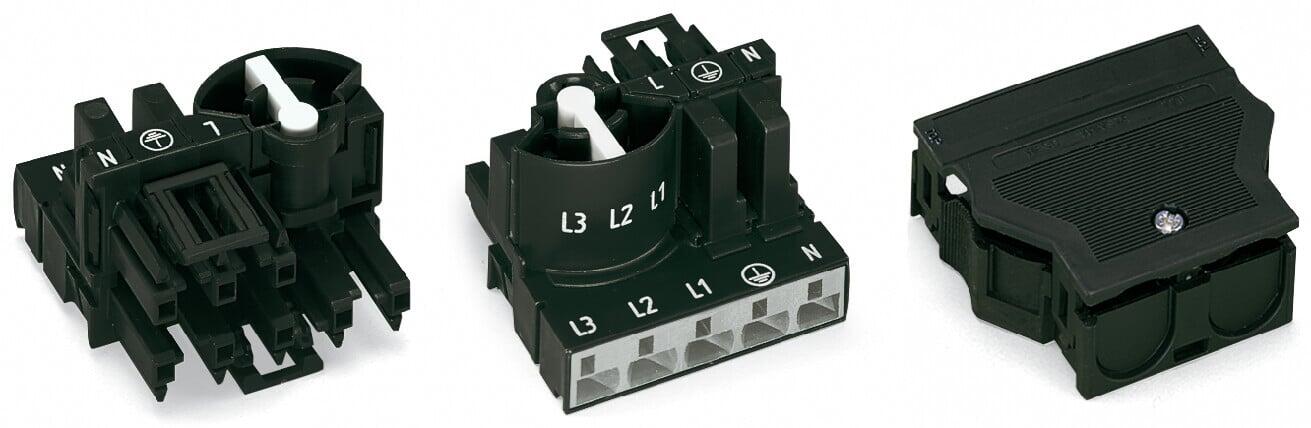 Three-phase to single-phase distribution connector; with phase selection; 5-pole/3-pole; Cod. A; 1 input; 2 outputs; with cable connection on the input side; black