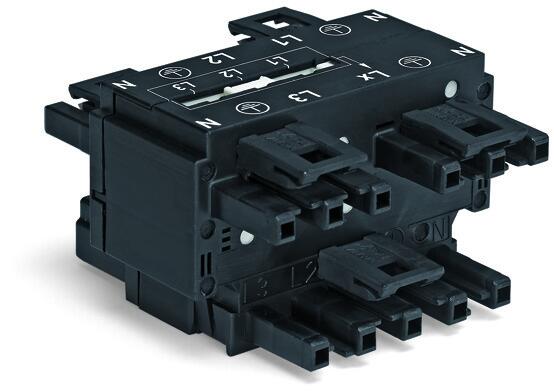 Three-phase to single-phase distribution connector; with phase selection; 5-pole/3-pole; Cod. A; 1 input; 5 outputs; black