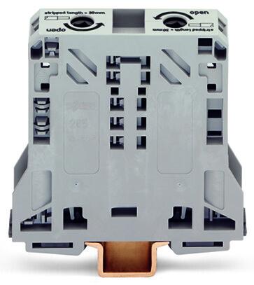 Radplint, 2 ledare; 50 mm²; yttre märkhållare; endast för DIN-skena 35 x 15; POWER CAGE CLAMP; 50,00 mm²; grå