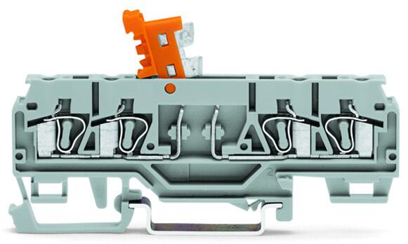 4-conductor disconnect/test terminal block; with pivoting knife disconnect; with test port; orange disconnect link; for DIN-rail 35 x 15 and 35 x 7.5; 2.5 mm²; CAGE CLAMP®; 2,50 mm²; gray