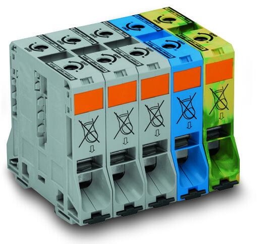 POWER CAGE CLAMP feedthrough terminal block (Three Phase Set); DIN 35 x 15 rail mount; 2-conductor; 4/0 AWG; 125 mm wide (25 mm wide each); multicolored
