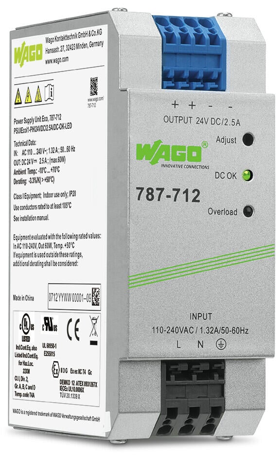 Strømforsyning; Eco; 1-phase; 24 VDC utgangsspenning; 2,5 A utgangsstrøm; DC-OK LED; 4,00 mm²
