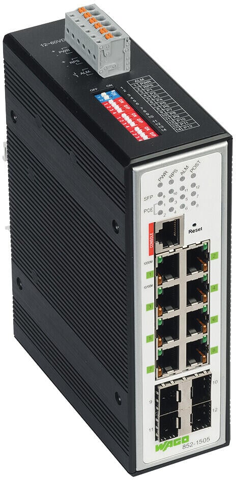 Switch industriel administrable (Industrial Managed Switch); 8 Ports 1000 Base-T; 4 Slots 1000Base-SX/LX; Plage de températures étendue; 8 * Power over Ethernet; noir métallique