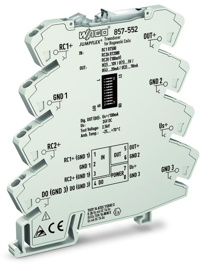 Current signal conditioner; Input for Rogowski coils; Current and voltage output signal; Digital output; Configuration via software; Supply voltage: 24 VDC; 6 mm module width; 2,50 mm²
