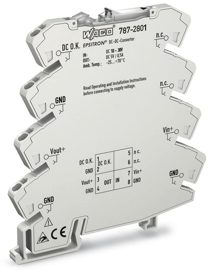 DC/DC Omformer; 24 VDC inngangsspenning; 5 VDC utgangsspenning; 0,5 A utgangsstrøm; DC OK contact