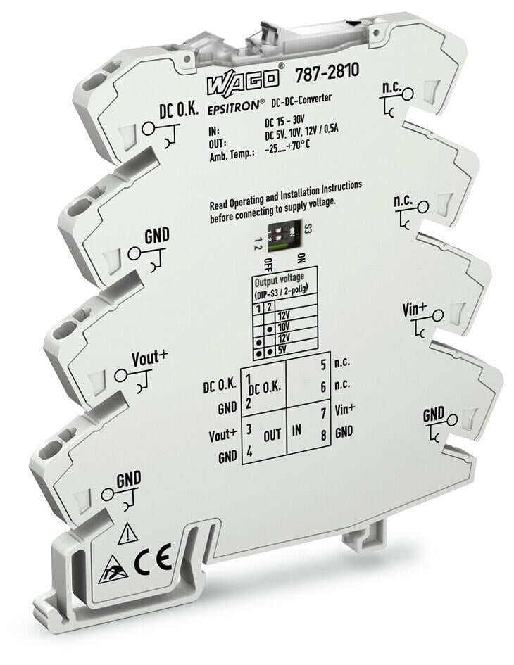DC/DC Converter; 24 VDC input voltage; 5/10/12 VDC adjustable output voltage; 0.5 A output current; DC OK contact