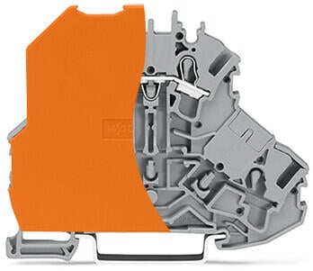 Morsetto a due piani; separatore arancione; L; sporgente; per guida DIN 35 x 15 e 35 x 7,5; 2,5 mm²; Push-in CAGE CLAMP®; 2,50 mm²; grigio