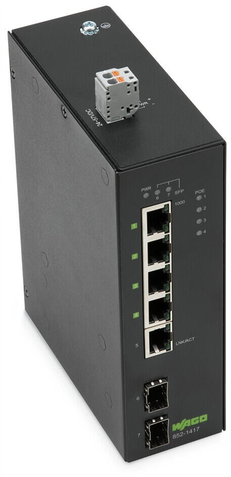 switch przemysłowy ECO; 5 portów 1000 Base-T; 1000BASE-SX/LX, 2 gniazda; rozszerzony zakres temperatury; 4 * Power over Ethernet
