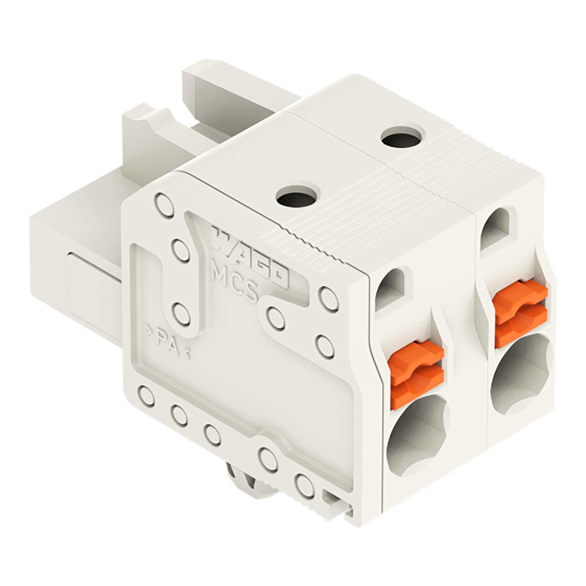 1-conductor female connector; push-button; Push-in CAGE CLAMP®; 2.5 mm²; Pin spacing 7.5 mm; 2-pole; 100% protected against mismating; Snap-in mounting feet; 2,50 mm²; light gray