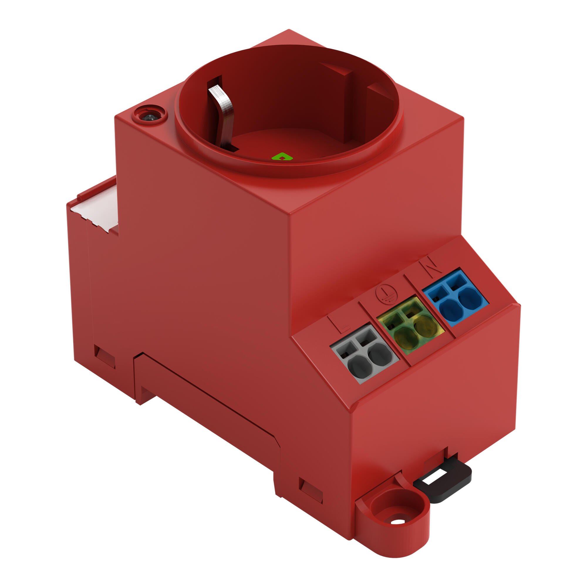 開關盒插座; 適用於導軌和螺絲安裝; 適用於 F 類型插頭，CEE 7/4 (Schuko); 德國、荷蘭、奧地利通用; 帶 LED 指示燈; 帶 Push-in Cage Clamp 雙連接; 紅色