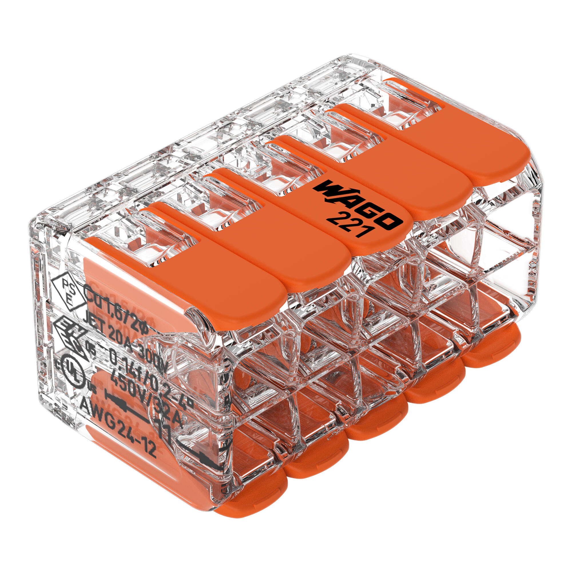 WAGO 221 Series splicing connector with levers, transparent housing