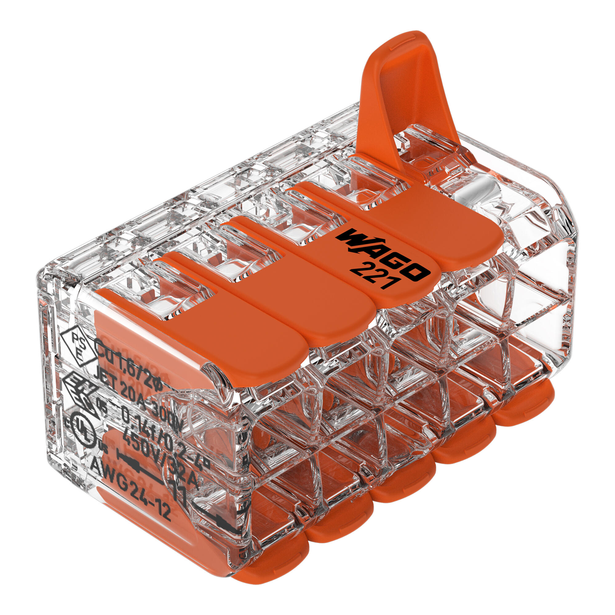 WAGO lever connector showing multiple conductor entries and transparent housing