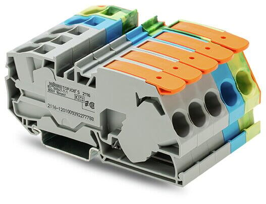 Three phase set; with orange end plate; with 2-Conductor, Rail-Mount Terminal Blocks; with a lever and operating slots; 16 mm²; Push-in CAGE CLAMP®; 16,00 mm²; gray/blue/green-yellow