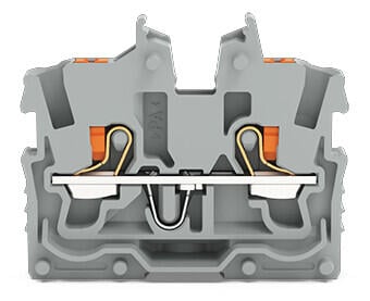 2-conductor miniature through terminal block; with push-button; 1 mm²; End terminal block with mounting flange; side and center marking; with test port; Push-in CAGE CLAMP®; 1,00 mm²; gray