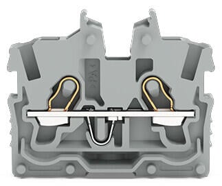2-conductor miniature through terminal block; with operating slots; 1 mm²; End terminal block with mounting flange; side and center marking; with test port; Push-in CAGE CLAMP®; 1,00 mm²; gray