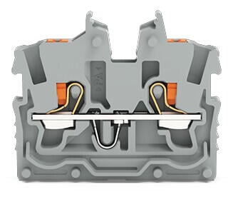 2-conductor miniature through terminal block; with push-button; 1 mm²; Center terminal block without snap-in mounting foot, without mounting flange; side and center marking; with test port; Push-in CAGE CLAMP®; 1,00 mm²; gray