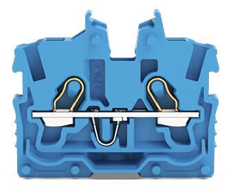 2-Leiter-Mini-Durchgangsklemme; mit Betätigungsöffnung; 1 mm²; Endklemme mit Befestigungsflansch; seitliche und mittige Beschriftung; mit Prüföffnung; Push-in CAGE CLAMP®; 1,00 mm²; blau