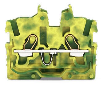 2-Leiter-Mini-Durchgangsklemme; mit Betätigungsöffnung; 1 mm²; Endklemme mit Befestigungsflansch; seitliche und mittige Beschriftung; mit Prüföffnung; Push-in CAGE CLAMP®; 1,00 mm²; grün-gelb