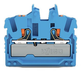 2-Leiter-Mini-Durchgangsklemme; mit Drücker; 2,5 mm²; Mittelklemme ohne Rastfuß, ohne Flansch; seitliche und mittige Beschriftung; mit Prüföffnung; Push-in CAGE CLAMP®; 2,50 mm²; blau