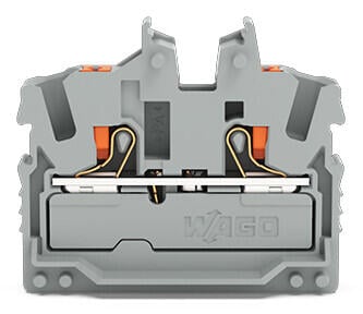 2-conductor miniature through terminal block; with push-button; 2.5 mm²; Center terminal block without snap-in mounting foot, without mounting flange; side and center marking; with test port; Push-in CAGE CLAMP®; 2,50 mm²; gray