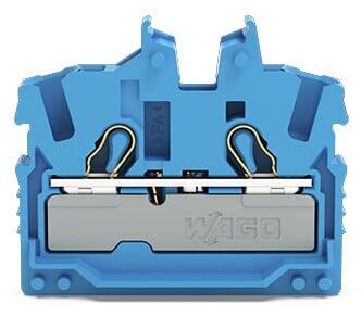 2-conductor miniature through terminal block; with operating slots; 2.5 mm²; Center terminal block without snap-in mounting foot, without mounting flange; side and center marking; with test port; Push-in CAGE CLAMP®; 2,50 mm²; blue
