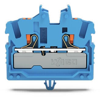 2-conductor miniature through terminal block; with push-button; 2.5 mm²; with snap-in mounting foot; side and center marking; with test port; Push-in CAGE CLAMP®; 2,50 mm²; blue