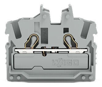 2-conductor miniature through terminal block; with operating slots; 2.5 mm²; Center terminal block without snap-in mounting foot, without mounting flange; side and center marking; with test port; Push-in CAGE CLAMP®; 2,50 mm²; gray
