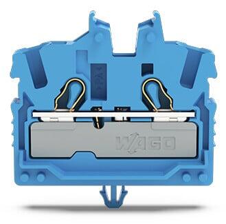 2-Leiter-Mini-Durchgangsklemme; mit Betätigungsöffnung; 2,5 mm²; mit Rastfuß; seitliche und mittige Beschriftung; mit Prüföffnung; Push-in CAGE CLAMP®; 2,50 mm²; blau