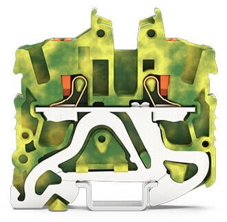 2-Leiter-Mini-Schutzleiterklemme; mit Drücker; 2,5 mm²; seitliche und mittige Beschriftung; für Tragschiene 15; Push-in CAGE CLAMP®; 2,50 mm²; grün-gelb