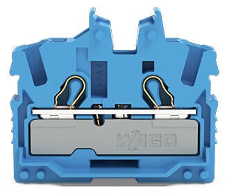 2-Leiter-Mini-Durchgangsklemme; mit Betätigungsöffnung; 2,5 mm²; Endklemme mit Befestigungsflansch; seitliche und mittige Beschriftung; mit Prüföffnung; Push-in CAGE CLAMP®; 2,50 mm²; blau
