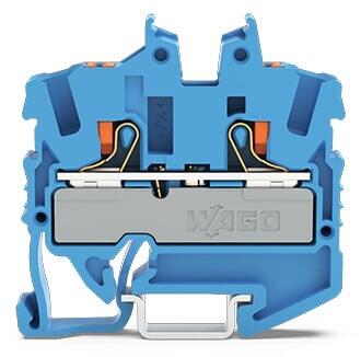 2-conductor miniature through terminal block; with push-button; 2.5 mm²; with test port; side and center marking; for DIN-15 rail; Push-in CAGE CLAMP®; 2,50 mm²; blue