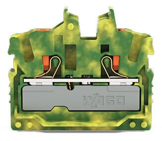 2-conductor miniature through terminal block; with push-button; 2.5 mm²; Center terminal block without snap-in mounting foot, without mounting flange; side and center marking; with test port; Push-in CAGE CLAMP®; 2,50 mm²; green-yellow