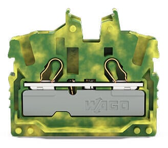 2-conductor miniature through terminal block; with operating slots; 2.5 mm²; Center terminal block without snap-in mounting foot, without mounting flange; side and center marking; with test port; Push-in CAGE CLAMP®; 2,50 mm²; green-yellow