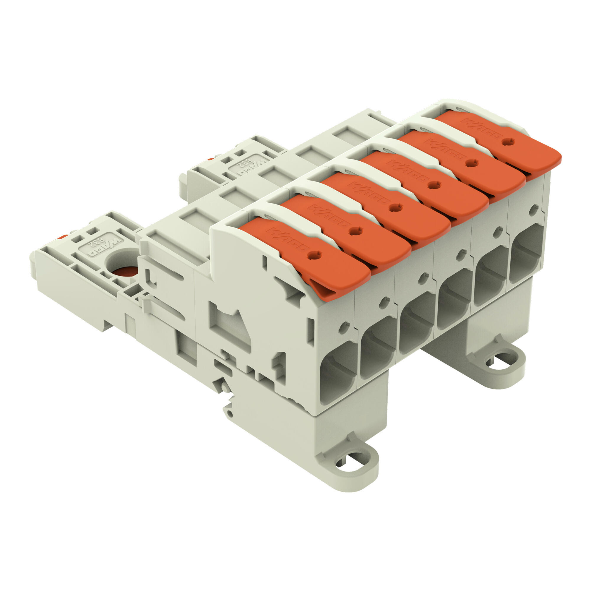 1-conductor male connector; lever; Push-in CAGE CLAMP®; 16 mm²; Pin spacing 10.16 mm; 6-pole; 100% protected against mismating; DIN-35 rail/panel mounting; Silver-plated contacts; 16,00 mm²; light gray