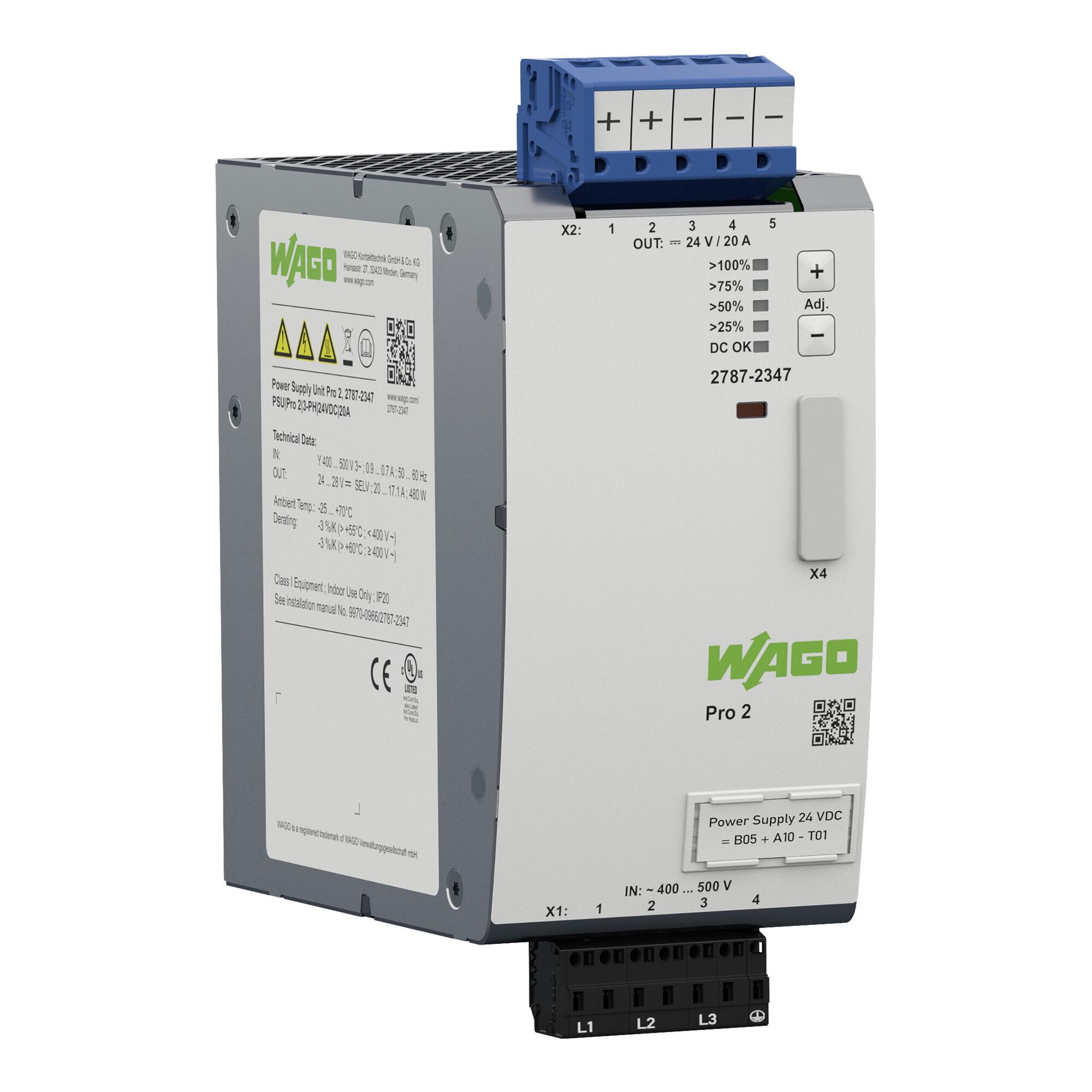 Power supply; Pro 2; 3-phase; 24 VDC output voltage; 20 A output current; TopBoost + PowerBoost; communication capability