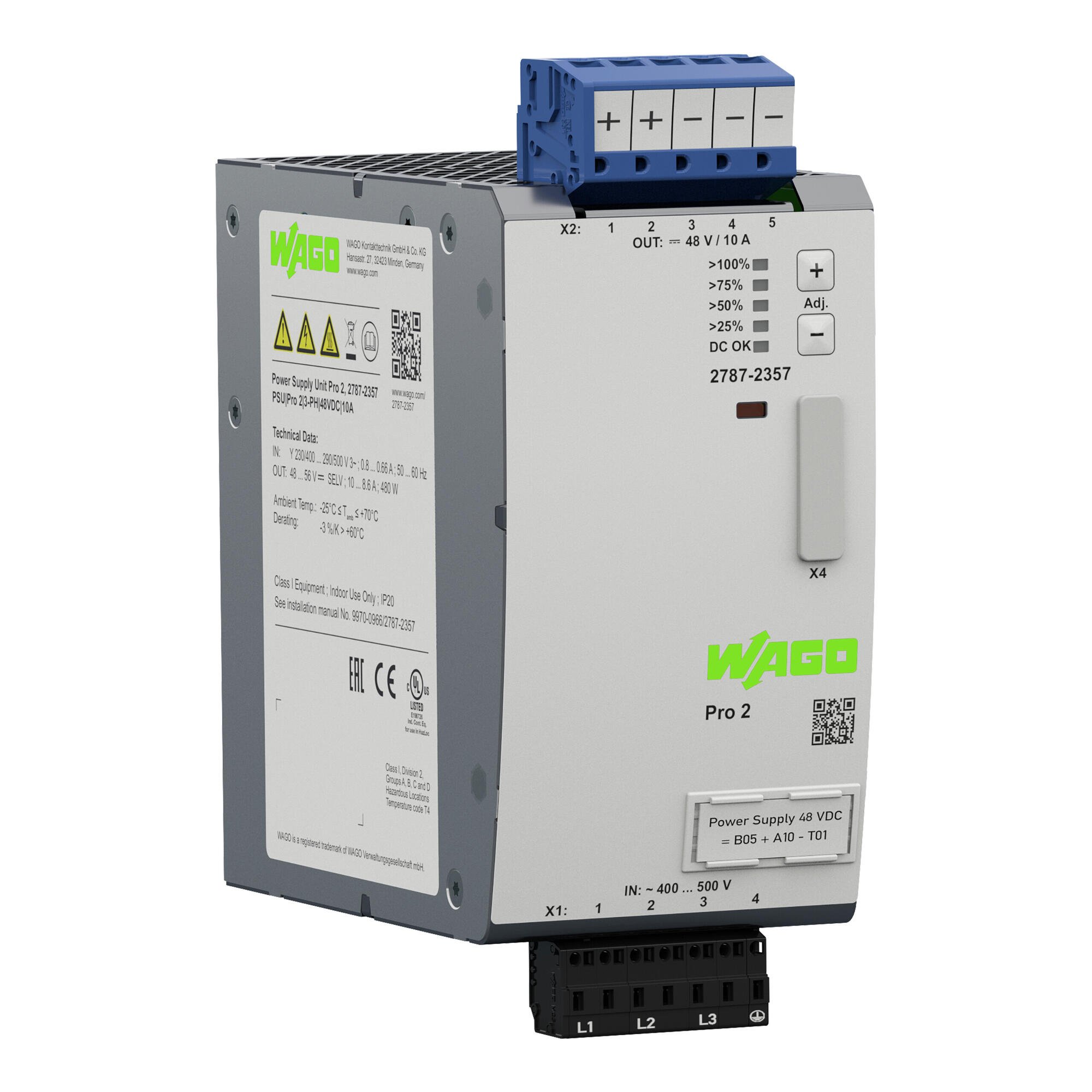 Power supply; Pro 2; 3-phase; 48 VDC output voltage; 10 A output current; TopBoost + PowerBoost; communication capability