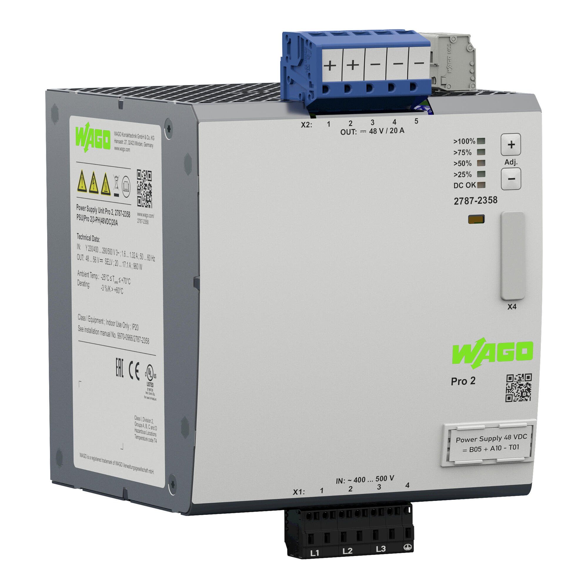 Power supply; Pro 2; 3-phase; 48 VDC output voltage; 20 A output current; TopBoost + PowerBoost; communication capability