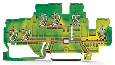 3-conductor, double-deck terminal block; 6-conductor ground terminal block; 2.5 mm²; PE; internal commoning; for DIN-rail 35 x 15 and 35 x 7.5; CAGE CLAMP®; 2,50 mm²; green-yellow