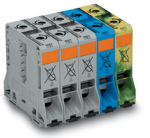 POWER CAGE CLAMP feedthrough terminal block (Three Phase Set); DIN 35 x 15 rail mount; 2-conductor; 4/0 AWG; 125 mm wide (25 mm wide each); multicolored