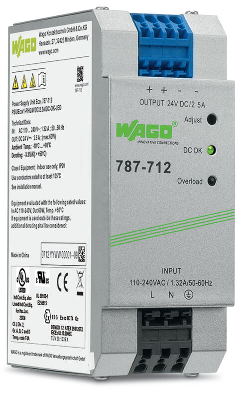 Power supply; Eco; 1-phase; 24 VDC output voltage; 2.5 A output current; DC-OK LED; 4,00 mm²