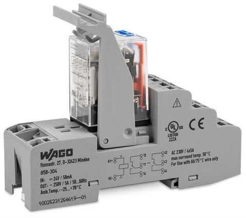Relay module; Nominal input voltage: 24 VDC; 4 changeover contacts; Limiting continuous current: 5 A; with manual operation; Red status indicator; Module width: 31 mm; 1,50 mm²