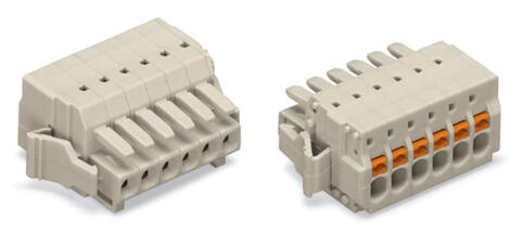 gniazdo 1-przewodowe; przycisk; Push-in CAGE CLAMP®; 1,5 mm²; raster 3,5 mm; 16-bieg.; 100% ochrona przed błędnym połączeniem; boczne zaczepy ryglujące; jasnoszary
