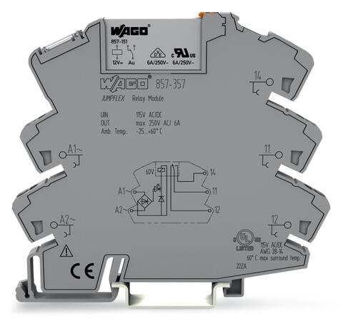 Relay module; Nominal input voltage: 115 V AC/DC; 1 changeover contact; Limiting continuous current: 6 A; Yellow status indicator; Module width: 6 mm; 2,50 mm²; gray