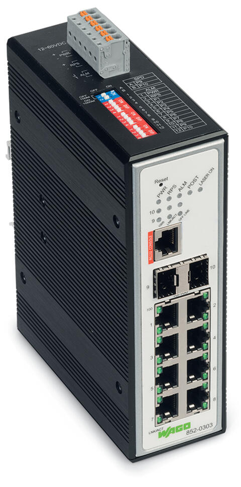 Industrial Managed Switch; 8-port 100Base-TX; 2-Slot 1000BASE-SX/LX; black metallic