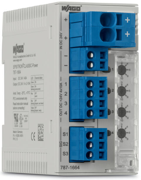 elektroniczny wyłącznik nadprądowy; 4-kanałowy; napięcie wejściowe 24 V DC; konfig. 0,5 … 6 A; aktywne ograniczenie prądu; z możliwością komunikacji
